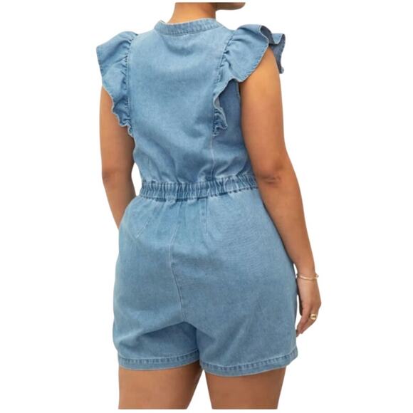 Eloquii Elements Light Wash Chambray Ruffle Sleeve Denim Romper Size 20 - Picture 2 of 7